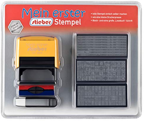 Mein erster stieber-Stempel, Stempeldruckerei mit Automatik-Stempel, zum Lesen- und Schreibenlernen, Schulanfänger, 6 Typensätze, 2 Kissen, Stempelunterlage (Bügelfarbe gelb)