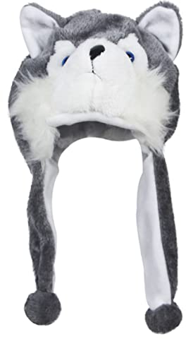 Süße Plüschtier Charakter Wintermütze Lustige Skimütze mit detailliertem Tiergesicht, lange Ohrenbügel mit Pom-Pom-Enden., Husky, Einheitsgröße