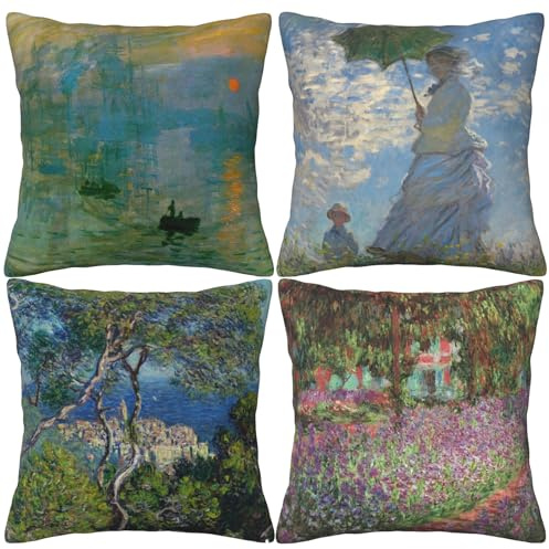 HOSTECCO Claude Monet Lot de 4 taies d'oreiller impressionnistes design Art Carrés Housses de coussin décoratives pour fans de peinture célèbres 40 x 40 cm