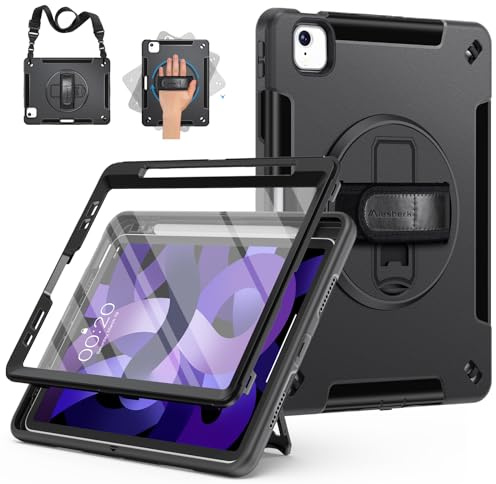 Miesherk Hülle für iPad Air 5./4. Generation 10,9 Zoll 2022/2020 Schwarz | Militärische Stoßfest Case iPad Air 11 zoll mit Displayschutzfolie, Stifthalter, Drehbare Ständer/Handschlaufe, Schultergurt