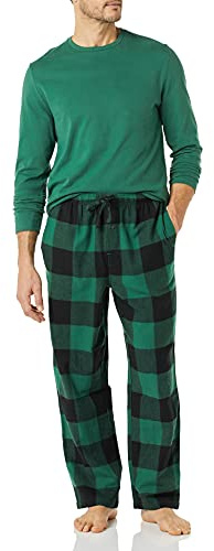 Amazon Essentials Completo Pigiama con Pantaloni e Maglia a Maniche Lunghe in Flanella Uomo, Verde/Buffalo Plaid, XL