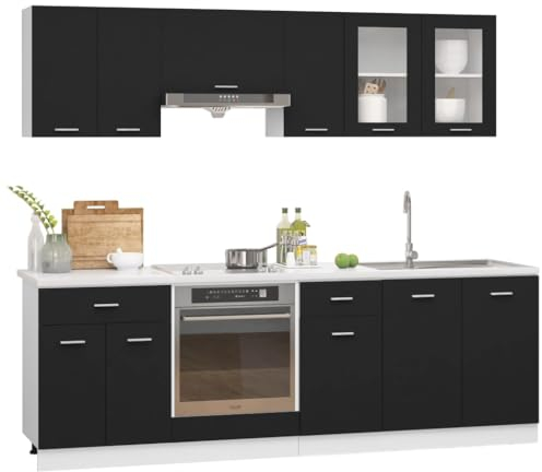 vidaXL Küchenzeile 8-TLG. Küchenschrank Einbauküche Küchenblock Hängeschrank Herdumbauschrank Spülenunterschrank Schubunterschrank Schwarz Holzwerkstoff
