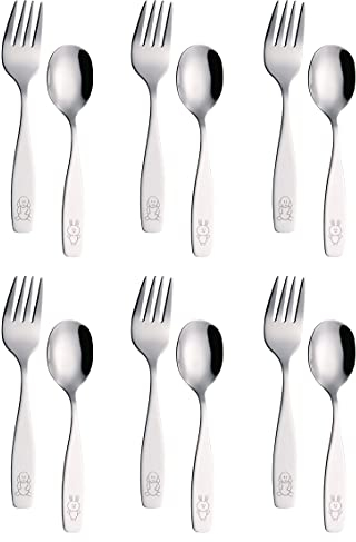 EXZACT 12-teiliges Kinderbesteck aus Edelstahl – 6 Gabeln, 6 Esslöffel – Mit süßem Hund & Häschen Motiv