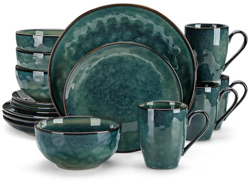 vancasso Ceramic Dinnerware Sets for 4, 16 Pieces Handmade Reactive Glaze Dishes Set, Elegant Stoneware Plates and Bowls Sets with Mugs, Dishwasher and Microwave Safe, Starry Green