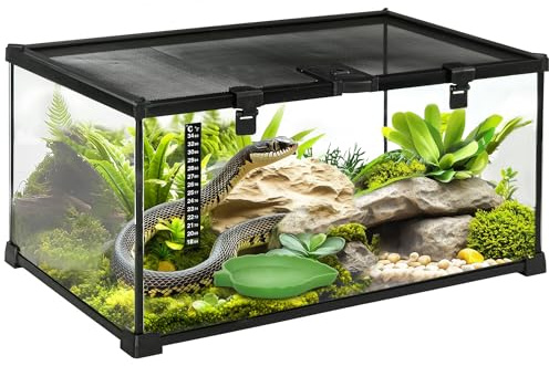 PawHut Terrarium i glas - Vivarium Reptiler & Batracians - livsmiljösköldpadda - låsbart glidbart lock - vattendispenser, termometer ingår - metall svart glas