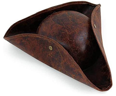 YWINETO Chapeau de pirate pour adulte en cuir vieilli marron style colonial, déguisement accessoire médiéval fête à thème pirate, Halloween, cosplay, Taille unique