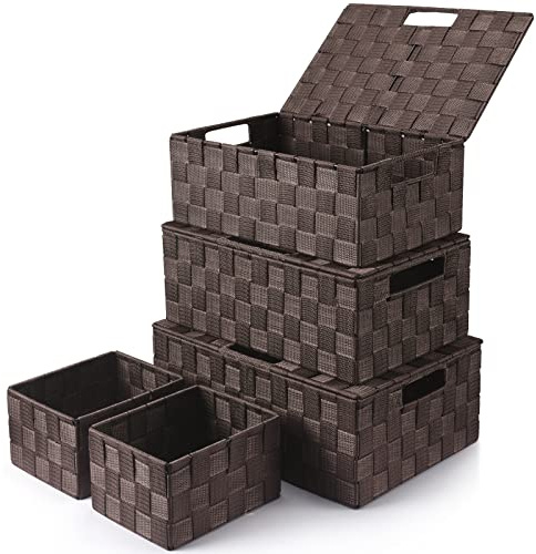 Aufbewahrungskorb mit Deckel: 5 Set, 34 x 24 x 13.5 cm, Stapelbar, Braun | Vielseitige Aufbewahrungsbox für Badezimmer, Schlafzimmer, Handtücher und Kosmetik, Ideal Zum Ordentlichen Verstauen