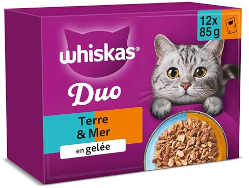 WHISKAS DUO Aliment humide en gelée pour chat adulte 12x85g Terre & Mer (Lot de 4) 48 Sachets