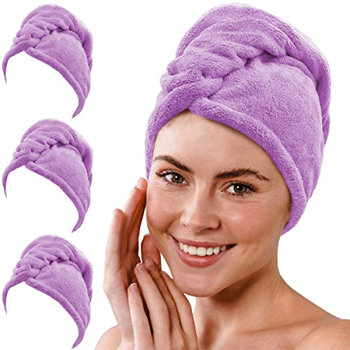 Gräfenstayn Uppsättning av 3 hårturban mikrofiber med 2 knappar – turbanhandduk snabbtorkande och absorberande – hårhandduk kort och långt hår, huvudhandduk med knapp (lila)