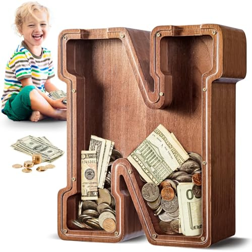 Summidate Wooden Letter Piggy Bank for Kids Adults, 12 N Clear Money Bank