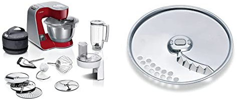 Bosch Küchenmaschine MUM5 MUM5X720, integrierte Waage,Edelstahl-Schüssel 3,9L, Mixer 1,25L, 1000 W, Silber/Dunkelrot & Pommes-Frites-Scheibe MUZ45PS1, für Pommes Frites, Wendescheibe