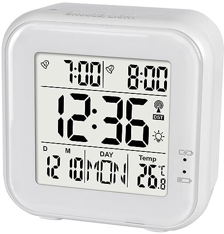 Miraval Funk-Wecker: Temperatur- und Datumsanzeige, mit Akku, Aufladen per USB-Kabel, Hintergrundbeleuchtung per Knopfdruck, 2 Alarme, Snooze, praktische Größe als Reisewecker, 7 Sprachen einstellbar