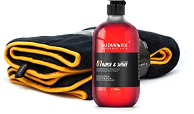 sudworx 01 RINSE & SHINE Autoshampoo WAX-Edition 500ml – Auto Shampoo mit Wachs, Hochglanz & Abperleffekt – pH-neutral, lackschonend, Autopflege für Handwäsche (Autoshampoo + Trockentuch)