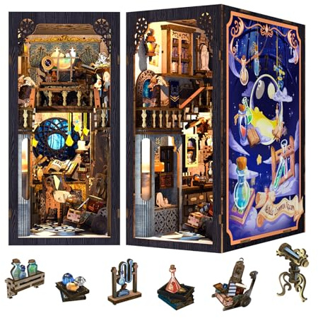 Fsolis DIY Book Nook Kit-The Nebula Rest Room, Buch Nook mit Staubschutzplatte,Puppenhaus Miniatur Haus Kit, 3D Puzzle Holz mit LED Leuchten und Einsteckbar, Geschenke für Erwachsene