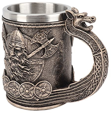 Viking Beer Mug, Stainless Steel Insulated with Resin Handle Design, Large Capacity for Beer Coffee Tea, Vintage Style for Men Women