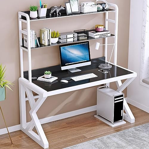 KAZUP Moderner, einfacher Arbeitsschreibtisch aus gehärtetem Glas, Computertisch, Heimbüro-Schreibtisch, Arbeitstisch mit Ablageflächen (47 Zoll, Rahmen in Schwarz und Weiß)