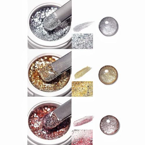 Esmalte de Uñas de Gel Metálico Con Purpurina en 3 Colores - Plateado y Dorado Brillante - Secado UV/LED Para Manicura DIY