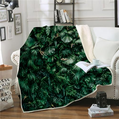 XPINGO Palmenblätter Kuscheldecke Sherpa Decke 150x200 cm Mikrofaser Super Weich und Warme Winter Blanket 3D Tropisch Dschungel Wohndecke Fleecedecke Flauschige Sofadecke für Sofaüberwurf Tagesdecke