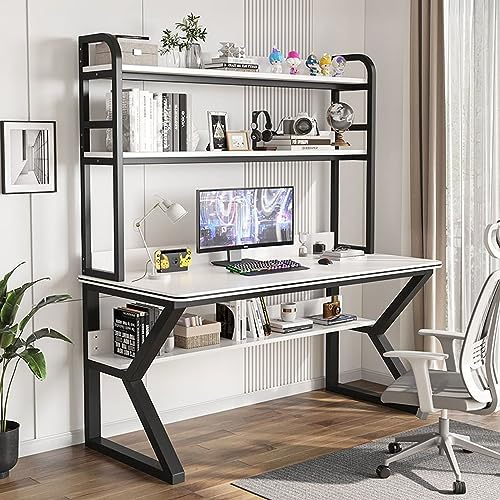 GArcan Computertisch mit Stall und Regal, PC-Studientisch, Heimbüro, Arbeitstisch für Erwachsene/Studenten (47 Zoll, weißer + schwarzer Rahmen)