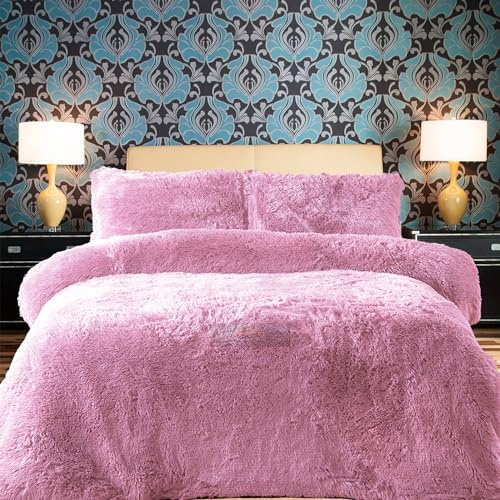 PARADISE STAR Set di biancheria da letto in pile effetto peluche con copripiumini, federa per cuscino coordinata, set letto per 1 persona, morbido, termico, caldo e confortevole, rosa, circa 135 x 200