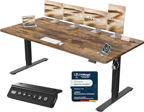 JUMMICO Höhenverstellbarer Schreibtisch 200 x 80 cm, USB-A-Anschluss | Schreibtisch Höhenverstellbar Elektrisch, Erinnerung bei langem Sitzen Stehschreibtisch, Computertisch für Homeoffice Braun