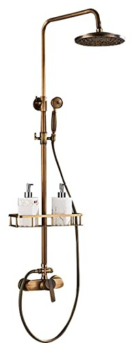 Vintage mässing duschsystem, vintage guld shower, antik mässing duschtillbehörsset, regn duschsystem med regn duschblandare och handdusch ett handtag.