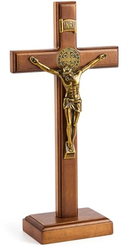 Leinuosen 25,4 cm Holzkreuz Kruzifix Wand und Tisch katholische Holzkreuze stehendes Kreuz Dekor Jesus Christus Dekoration für Zuhause, Taufe, Kommunion, Kirche (1 Stück)