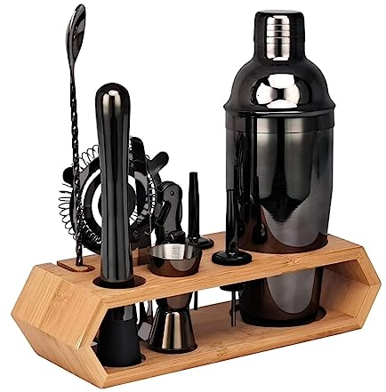 Ensemble de Cocktail Shaker, 10 Pcs Cocktail Shaker Set Bar Tool Set avec Support Martini Shaker Bartending Kit Ensembles d'accessoires de Bar (Color : Svart, Size : 10pcs)