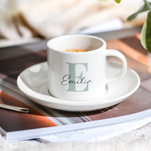Firebox Tasse en céramique personnalisable avec monogramme et texte - Tasse à moka individuelle avec soucoupe - Cadeau pour amateurs