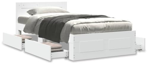 Homgoday Bettgestell mit Kopfteil Schubladenbett Bettrahmen Holzbett mit Schubladen Doppelbett/Einzelbett Stauraumbett für Schlafzimmer Gästezimmer Weiß 90x200 cm Holzwerkstoff