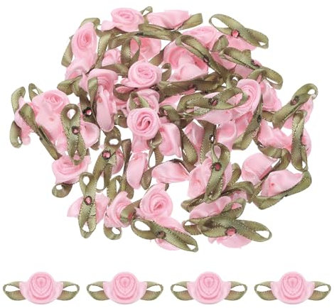 QUARKZMAN 50pz Rose in Nastro Rosa 5/8 x1-3/16 Mini Rose per Artigianato Piccoli Fiocchi di Raso Rose Fiori Artificiali