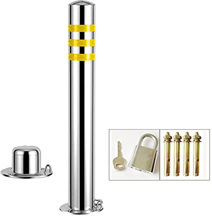 Security Pole,Parking Barrier Heavy Duty Parking Barrier Security Driveway Bollard Post Pole,Stainless Steel Parking Cones with Reflective Strips