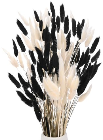 M METERXITY 120-Pack Bunny Tails Grass 17 Inch Fluffy Rabbit Tail Grass Dried Flowers Branches Vase Filler Dried Pampas Grass Decor for Home/Wedding/Vase/Office/Party [White, Black]