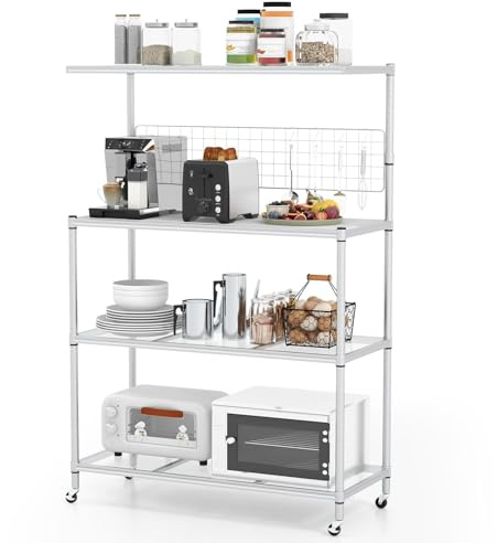 TANGZON 4-Tier Kitchen Baker's Rack, Adjustable Rolling Microwave Oven Stand with Top Shelf, Hanging Net & Shelf Liner, Metal Utility Storage Shelves Unit for Dining Living Room