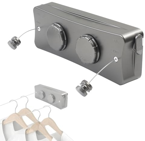 Gemsaya Wäscheleine Ausziehbar Wand, 2 x 5.1M Edelstahl Doppelseil Wandmontierter Einziehbares Wäscheleine mit Stahlkern, Nicht DurchhäNgende Einziehbare WäScheleine, Grau