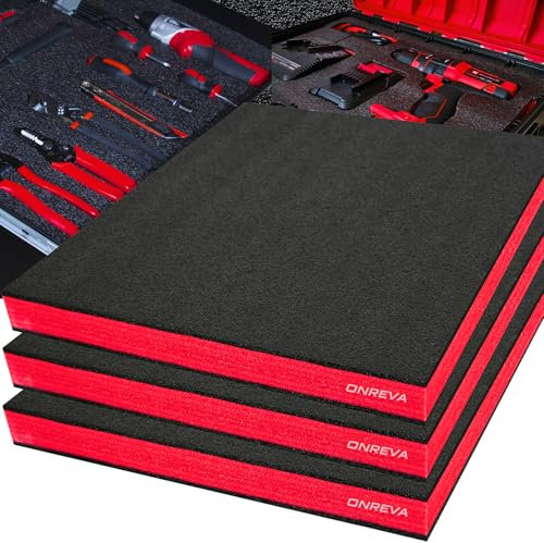 ONREVA Tool Box Foam 22x18x1.5 inch 3Pack, Foam Inserts for Cases, Polyethylene Storage Sheets for Toolbox Hard Case, Tool Shadow Insert, Kaizen Organizer Sheet, Black with Red