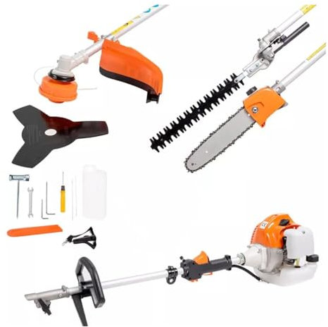 Decespugliatore a scoppio 4 in 1 multifunzione, tagliasiepi, motosega da potatura, tagliabordi- multiutensile da giardino 52cc motore a miscela di benzina 2 tempi