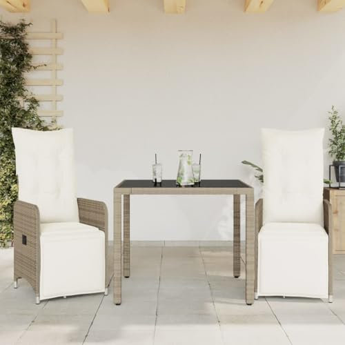 Fasba Garten Bistroset 3-TLG., Balkonset mit Kissen, Gartenmöbel Tisch und 2 Verstellbare Stühle, Balkonmöbel Sitzgruppe Gartengarnitur, Braun Poly Rattan