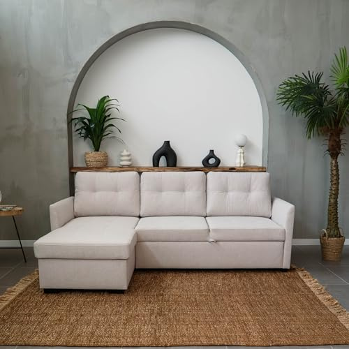 BUDWING Enzo Sofá Cama Esquinero 4 Plazas – Chaise Longue Reversible, Arcón de Almacenaje y Respaldo Reclinable – Estilo Contemporáneo, Tejido 100% Poliéster – 230x147x94 cm – Beige Claro