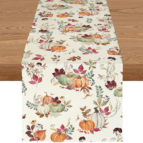 ZWJD Camino de mesa otoñal 40 x 140 cm – Camino de mesa de otoño lavable y moderno, con diseño de hojas y calabazas, mantel decorativo para cocina, mesa de comedor, interior y exterior