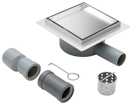 KEOKBON Duschrinne 150x150mm Edelstahl Quadratisch | 304 Edelstahl, Quadratisch, Bodenablauf, 360° Siphon, Geruchsstop, Haarfilter, Befliesbar, 2 Ablaufadapter DN50 DN40