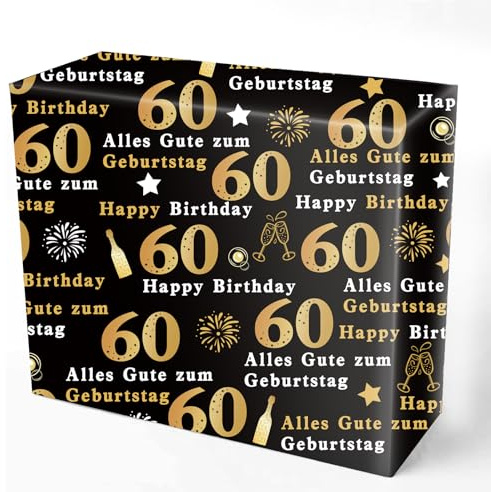 DazzJoy 5 Blatt Geschenkpapier 60 Geburtstag Deko, 70x50CM Geschenkpapier Geburtstag, Schwarz Gold Gift Wrapping Paper Geschenk Papier Geburtstage 60 Jahre Mann Frau, 60 Happy Birthday Wrapping Paper