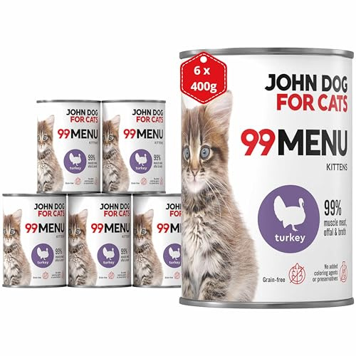 Katzennassfutter ohne Zucker und Getreide - Truthahn & Huhn - Katzenfutter Nass mit 99% Fleischanteil - Nassfutter mit 100% frischen Zutaten für Kätzchen - John Dog for Cats 99 MENU - 400g x 6
