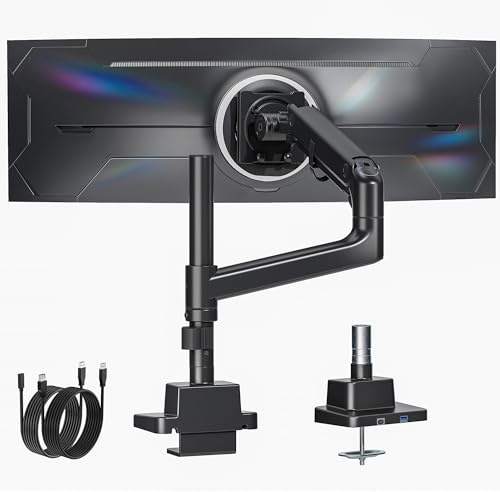 monTEK Heavy Duty Monitor Halterung mit hoher Säule & USB 17–57 Zoll | Ultrawide-Bildschirme, Gasfeder-Monitor arm mit doppelter Krümmung für Schreibtische, 75/100 mm VESA-Halterung , Schwarz