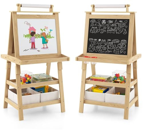 FANTASK 3 in 1 Kindertafel doppelseitig mit Whiteboard & Kreidetafel & Zeichenpapier, Kinder Staffelei inkl. Magneten & 2 Aufbewahrungsboxen, 2 Regalebenen Holztafel (Natur)