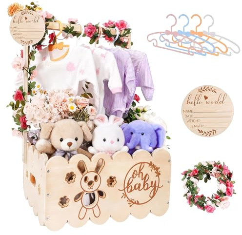 SciFiVisi Holz Baby Geschenk Korb mit Griff - Baby Aufbewahrungskorb, Babyparty Schrank mit Namensschilder Holz, Girlanden Kunststoff und 4 Kinder KleiderbüGeln für Neugeborene Babyparty Neue Eltern