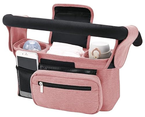 zeryor Barnvagnsorganisatör, universell barnvagnsväska med 2 isolerade kopphållare, avtagbar telefonväska och axelrem, vattentålig barnvagn organiserare för baby nödvändigheter, Rosa, 33x16x10cm
