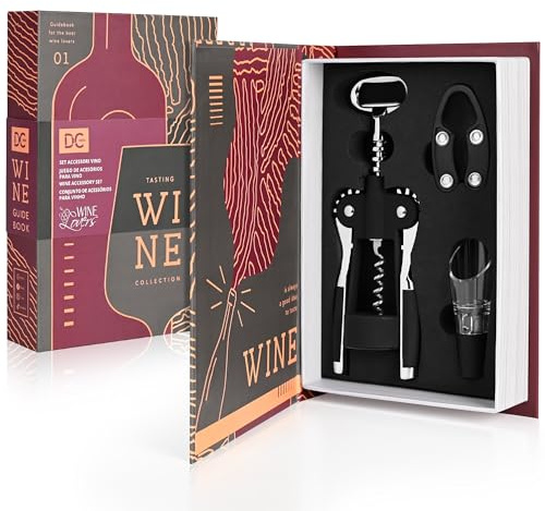 Dc Casa Set Accessori Vino - Confezione a Forma di Libro – Cavatappi, Tappo Dosatore, Tappo e Anello Antigoccia – Alluminio e Silicone (3)