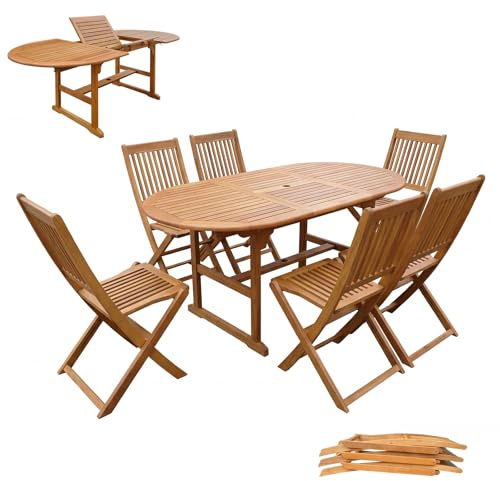 Panana 7 Piece Acacia Wood Garden Dining Furniture Set, Extending Wooden Table and 6 Folding Chairs with Parasol Hole, Outdoor Patio Furniture for Terrace Balcony Conservatory