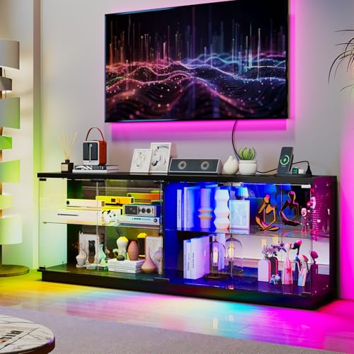 Vitrine mit RGB Beleuchtung,Intelligente Sensorik für Wohnzimmer,Schwarz | 59 W Glasvitrine mit 2 AC-Steckdose & USB/Type-C,Vitrinenschrank mit 3-Stufige Standvitrine für Wohnzimmer,Büro